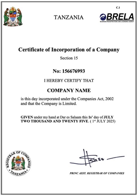 Tanzia certificate of company incorporation Word and PDF template